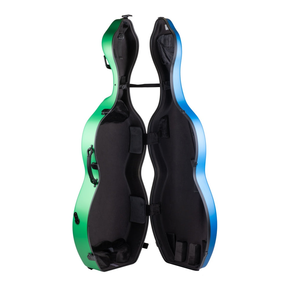 Étui pour violoncelle Bam BonBon Hightech – Bleu / Vert, ouvert, montrant la suspension et les porte-archets