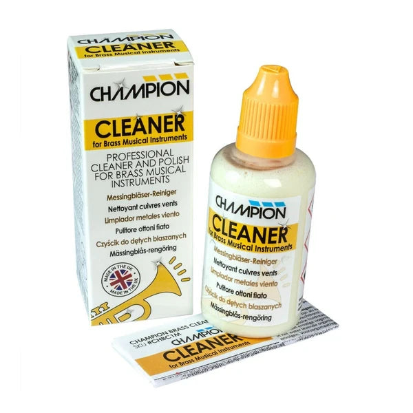 Champion Cleaner for brass musical instruments with packaging and swab on a white background