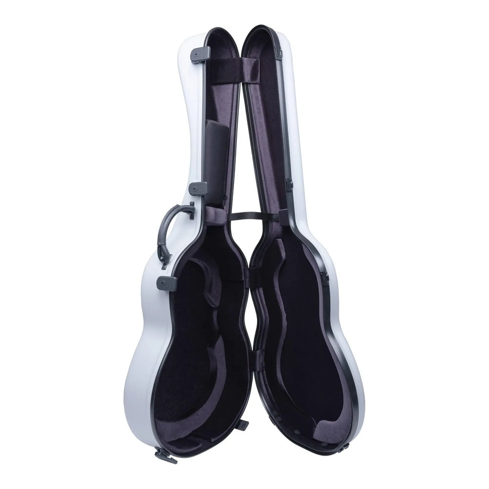 Étui en ABS pour guitare classique Bam Classic – Gris clair, ouvert, montrant le berceau recouvert de velours